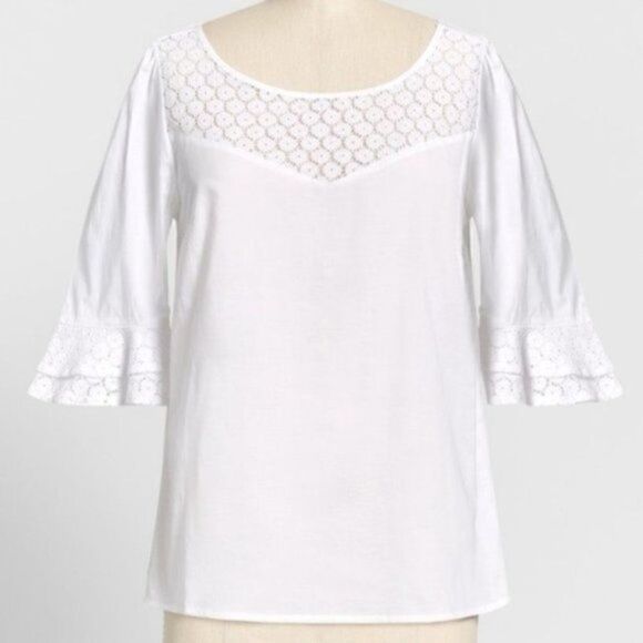Modcloth White Cotton Short Sleeve Blouse Puff Sleeves Daisy Print Lace White XS - Picture 1 of 11